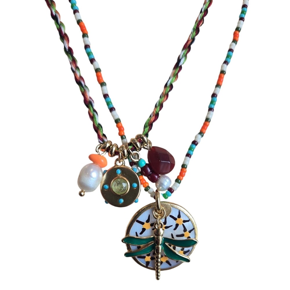 Roxanne Assoulin Charm Necklace Set Dragonfly Pendant Pearl Bead Boho Colorful